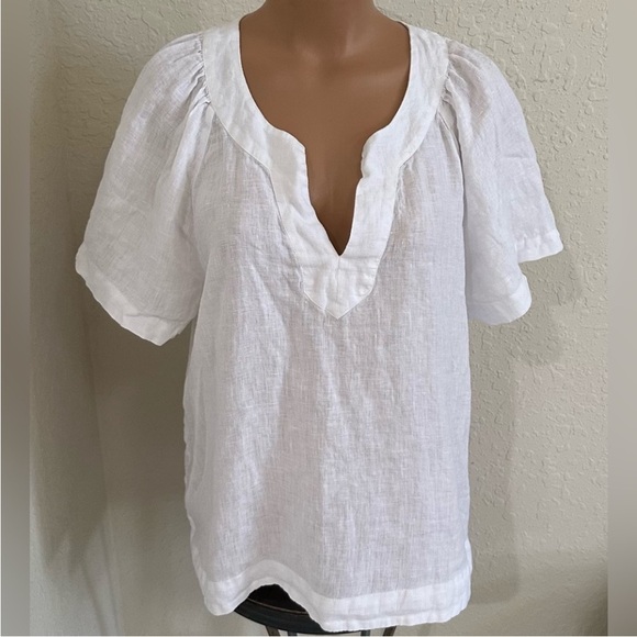 J. Crew Tops - J Crew White Linen Flutter-Sleeve V Neck Blouse Size Large